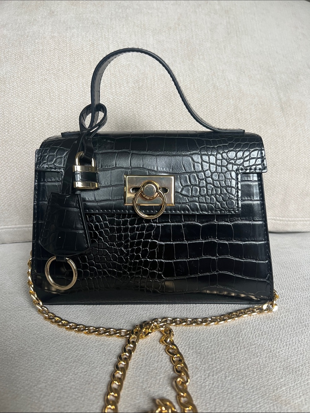 a new day Black Croc-Embossed Satchel with Gold Chain